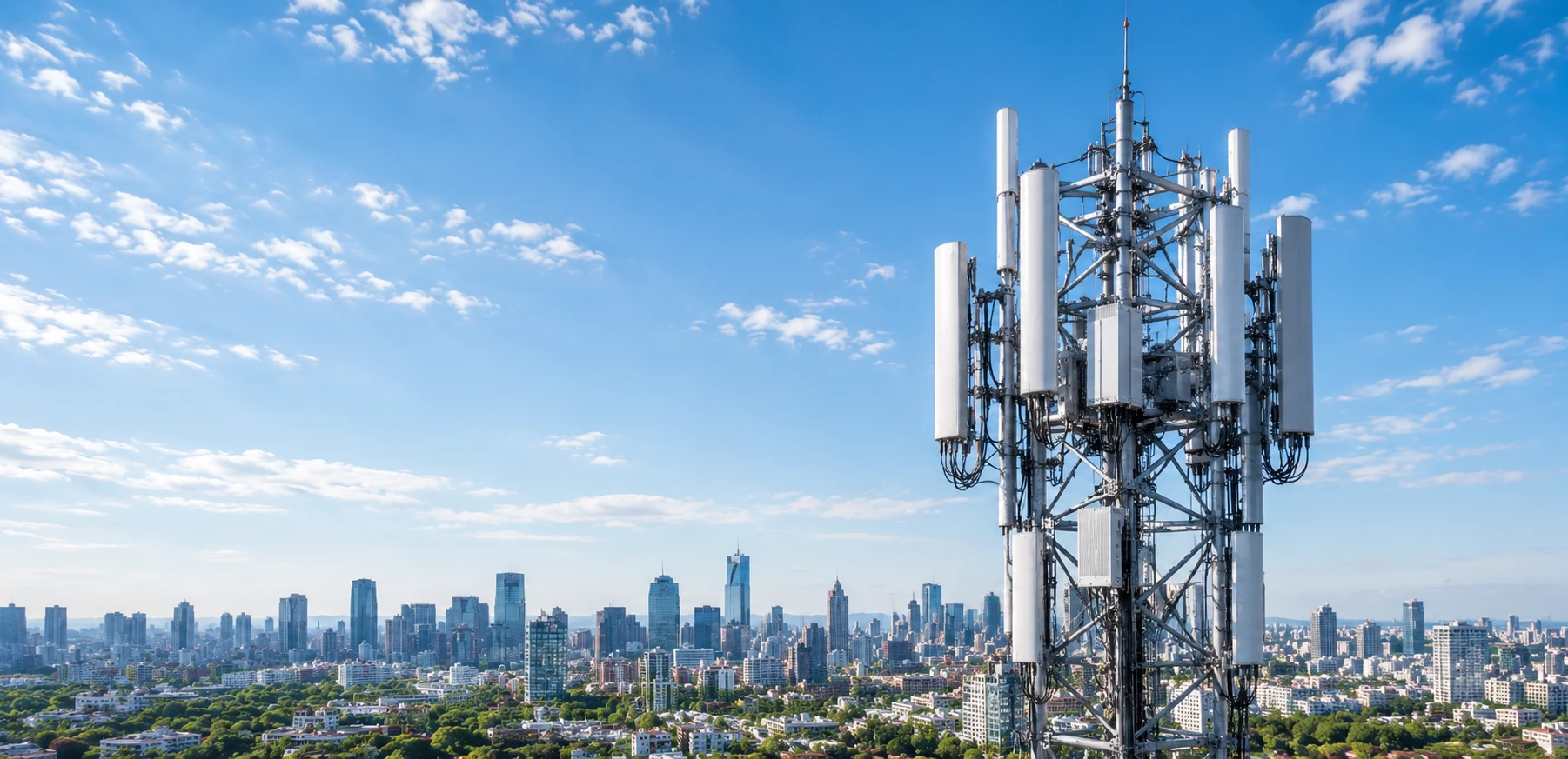 Telecommunications tower overlooking a bright city skyline